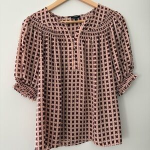 Express Smocked Neck Printed Blouse – Blush & Burgundy (Size Medium)